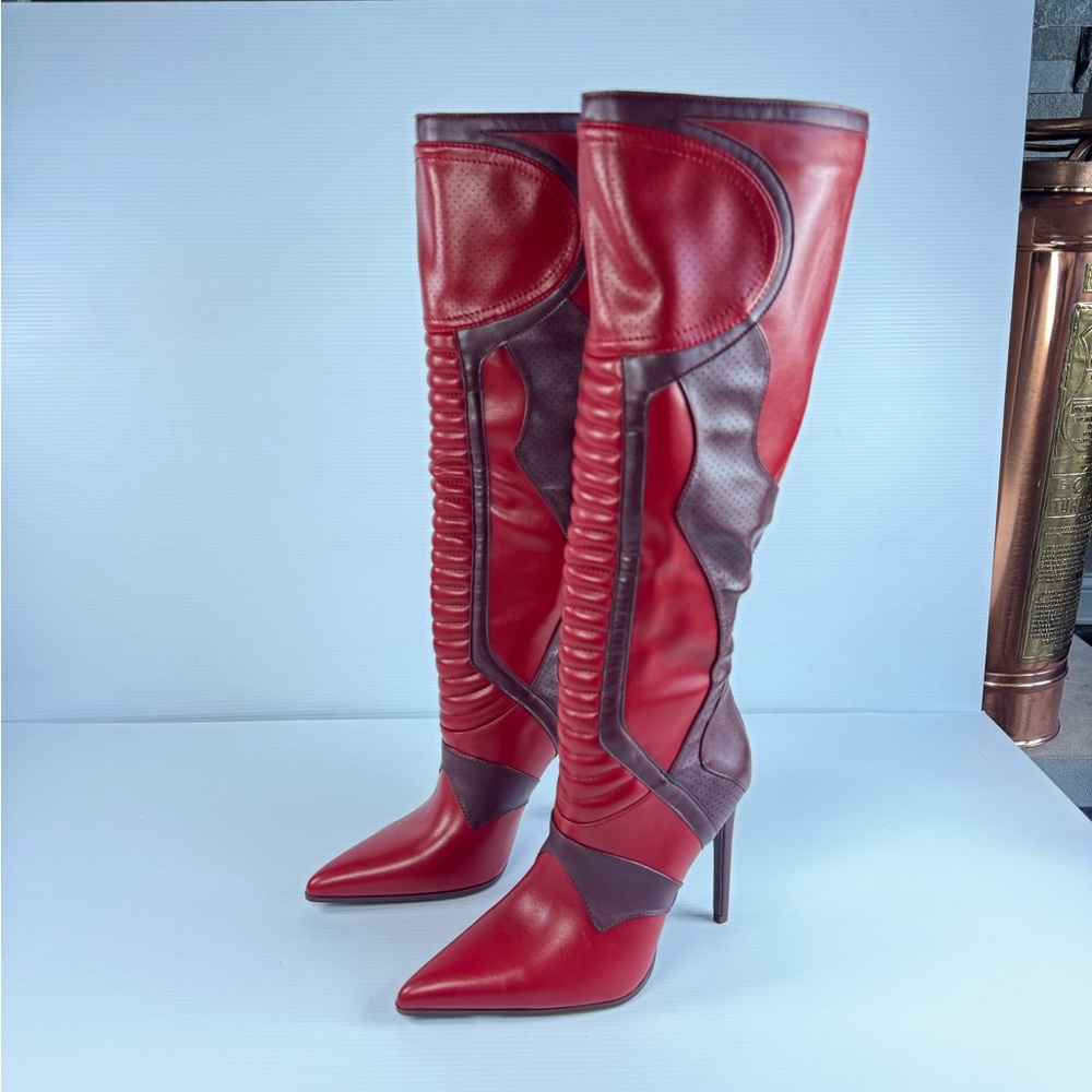 AKIRA Rodrigo Red Over The Knee Stiletto Boots Pointed Toe Moto Panel multi size - Picture 3 of 8